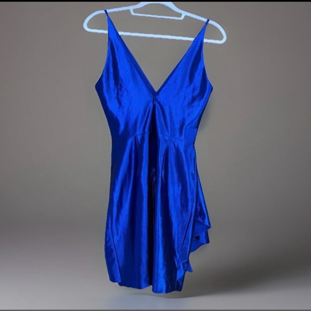 Blondie Nites Satin Mini Dress Size Three Royal Blue Women’s V-neck Thin Straps - Picture 3 of 7